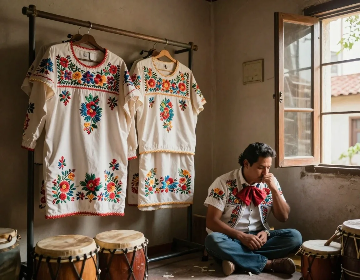 Detalle de bordado de traje de carnaval en taller