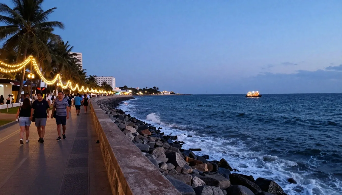 Carros alegóricos avanzando por el malecón de Veracruz al atardecer