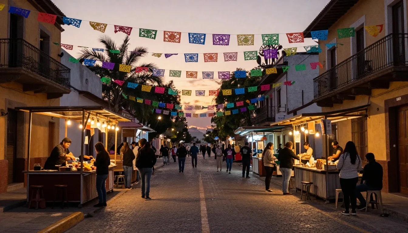 Avenida de festival en México con comparsa y público al atardecer