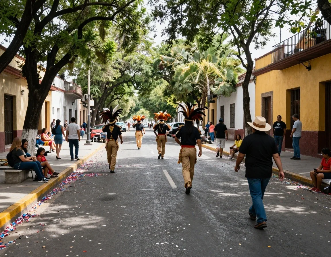 Comparsa de carnaval avanzando por avenida con confeti
