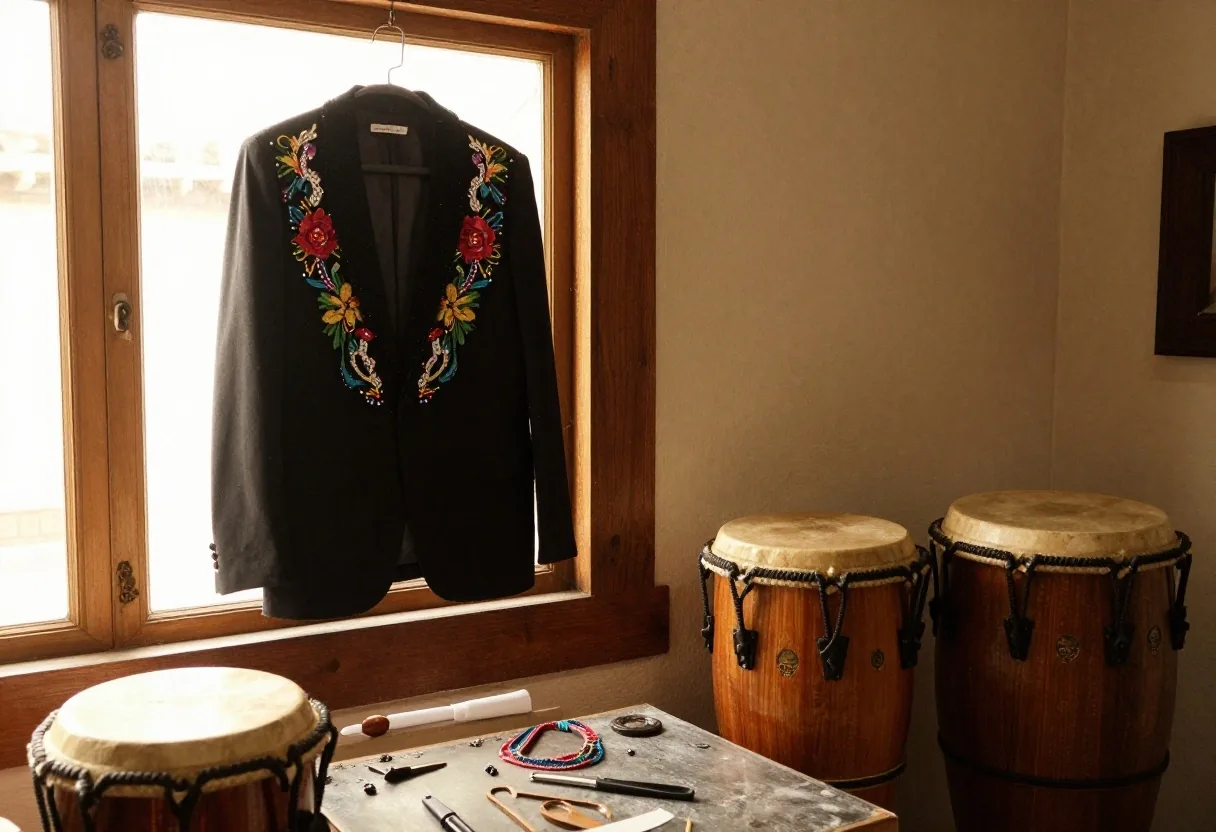 Detalle de bordado de traje de carnaval y tambores en un taller