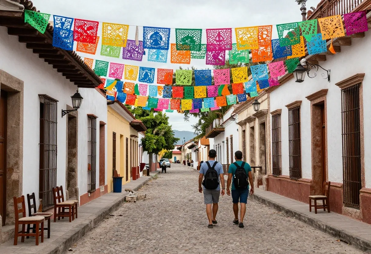 Viajeros observando un desfile de carnaval bajo papel picado