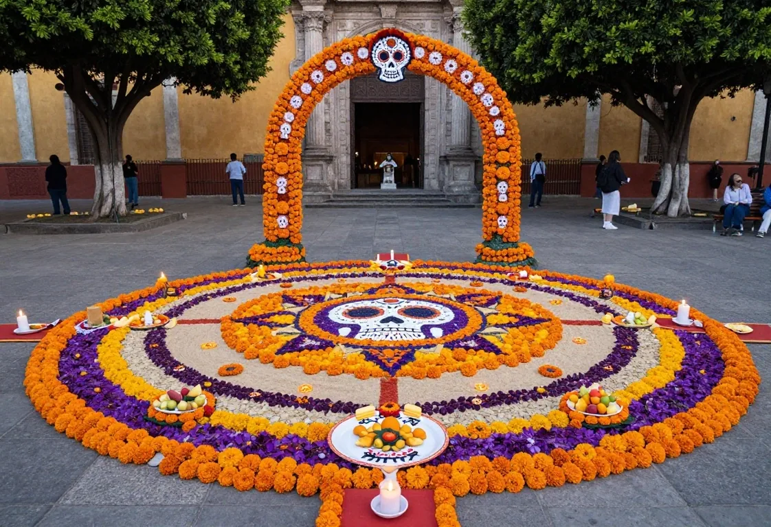 Comparsa y tapete de arena en calle de Oaxaca