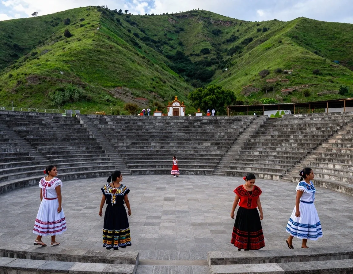 Delegaciones bailando con trajes regionales en el Auditorio Guelaguetza