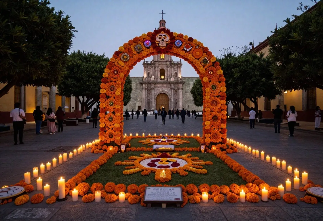 Detalle de cempasúchil y velas en una ofrenda oaxaqueña