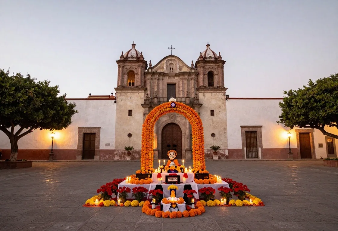 Montaje de ofrenda universitaria en patio de la Ciudad de México