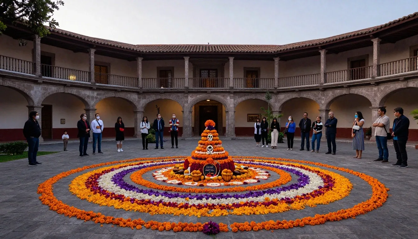 Ofrenda monumental en plaza pública con arcos de flores y visitantes