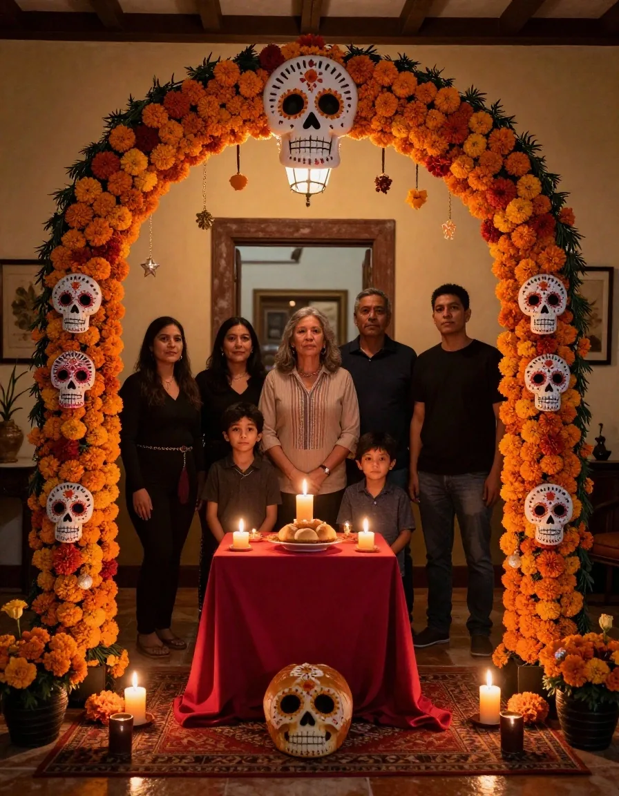 Ofrenda tradicional con arco de cempasúchil, velas y pan de muerto