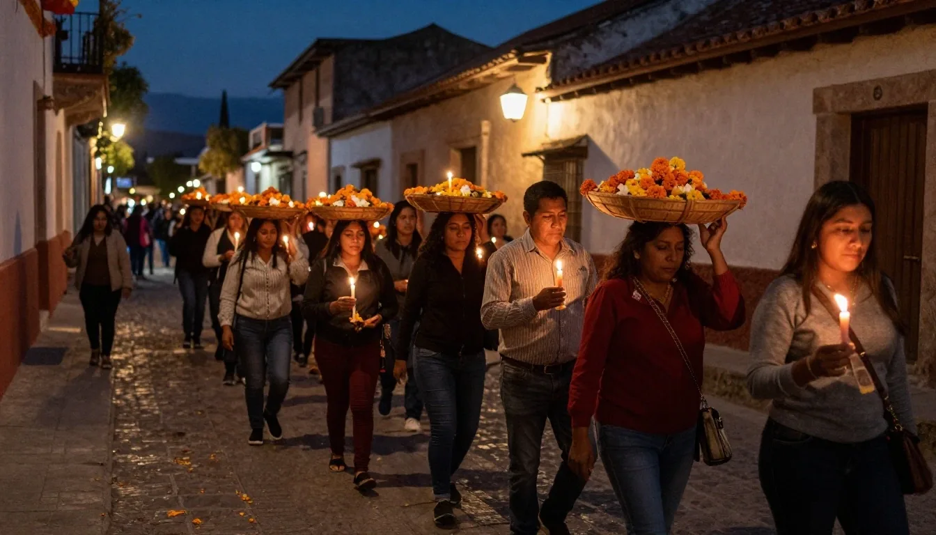 Procesión nocturna con velas y pétalos de cempasúchil