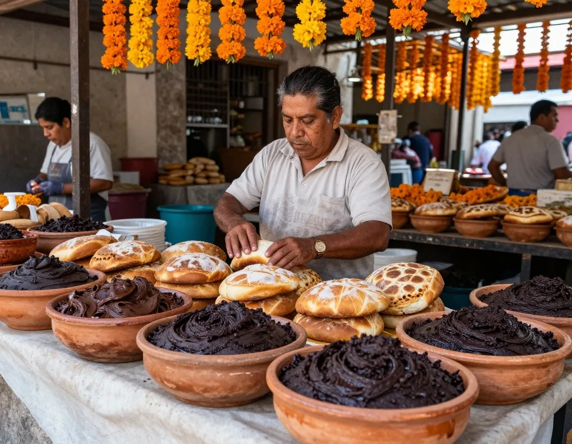 Puesto de mercado con pan de muerto, mole y tamales