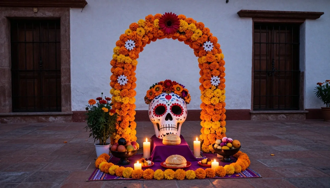 Velada nocturna en un panteón iluminado con velas y cempasúchil