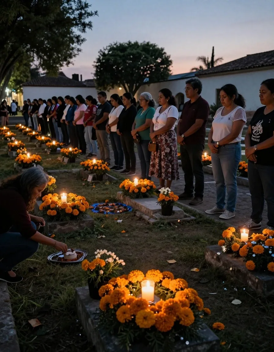 Visitantes en silencio entre tumbas adornadas con velas y flores