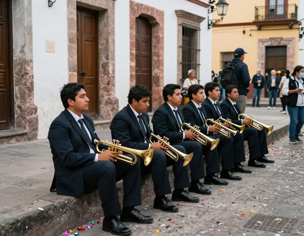 Cuadrilla de carnaval con máscaras y banda de viento en Tlaxcala