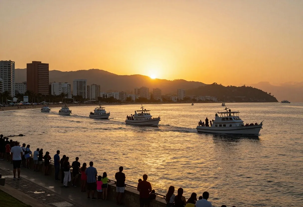 Desfile naval del Carnaval de Mazatlán al atardecer