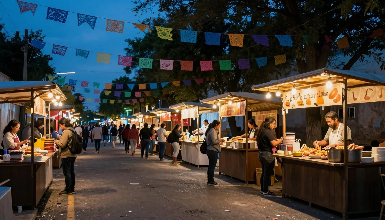 Multitud de festival de noche bajo papel picado iluminado
