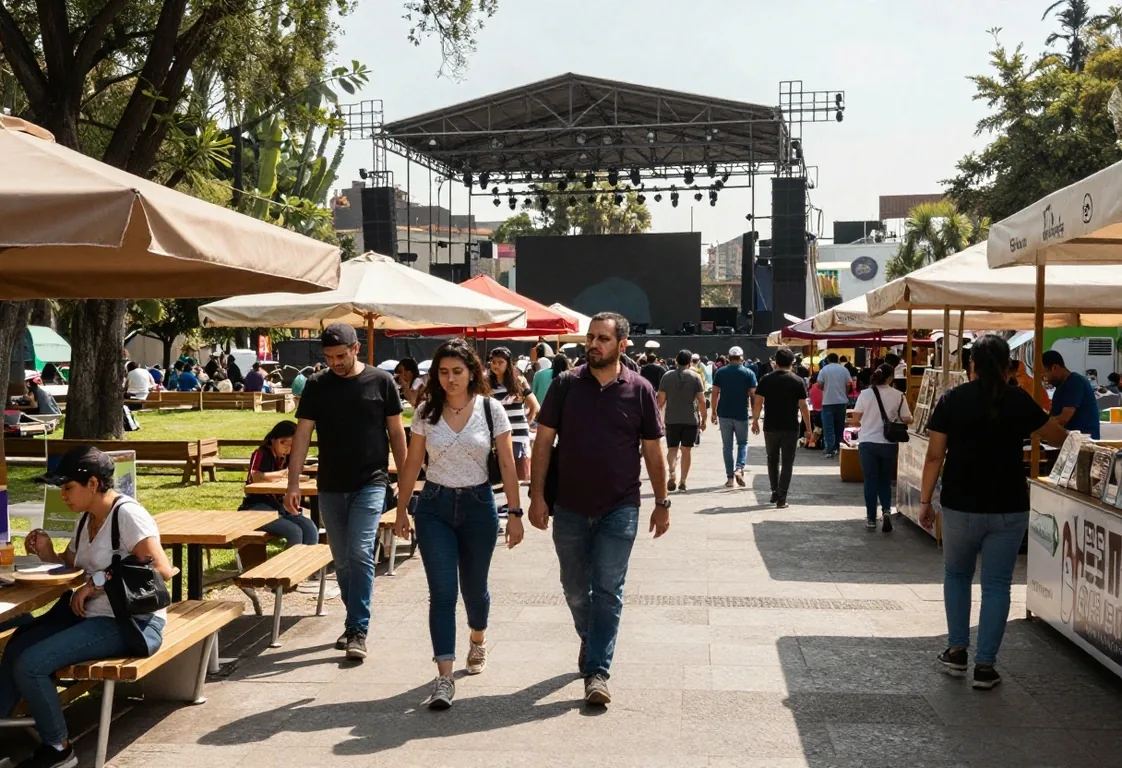 Visitantes caminando entre escenarios del festival