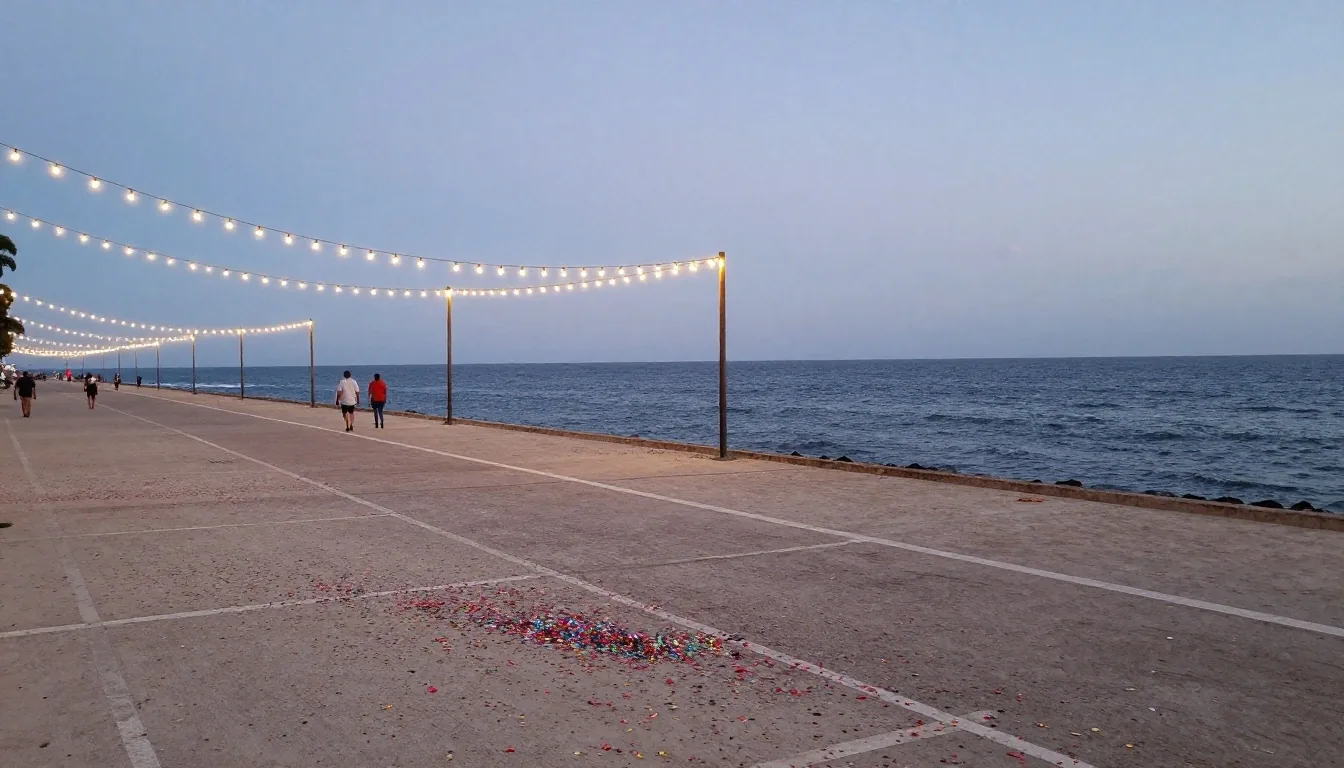 Desfile al atardecer en malecón con carros alegóricos