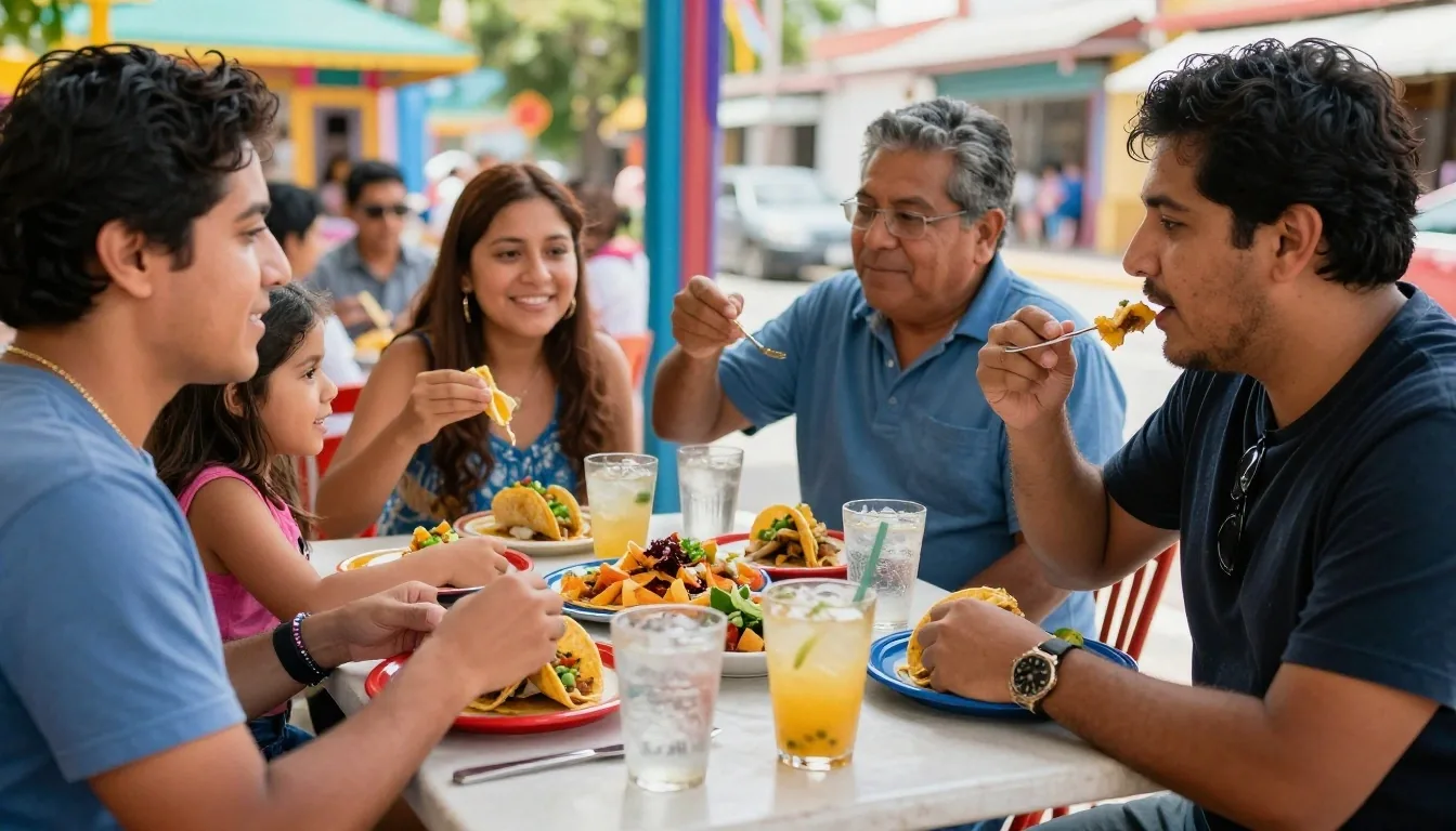 Familia comiendo en fonda cerca de ruta de carnaval