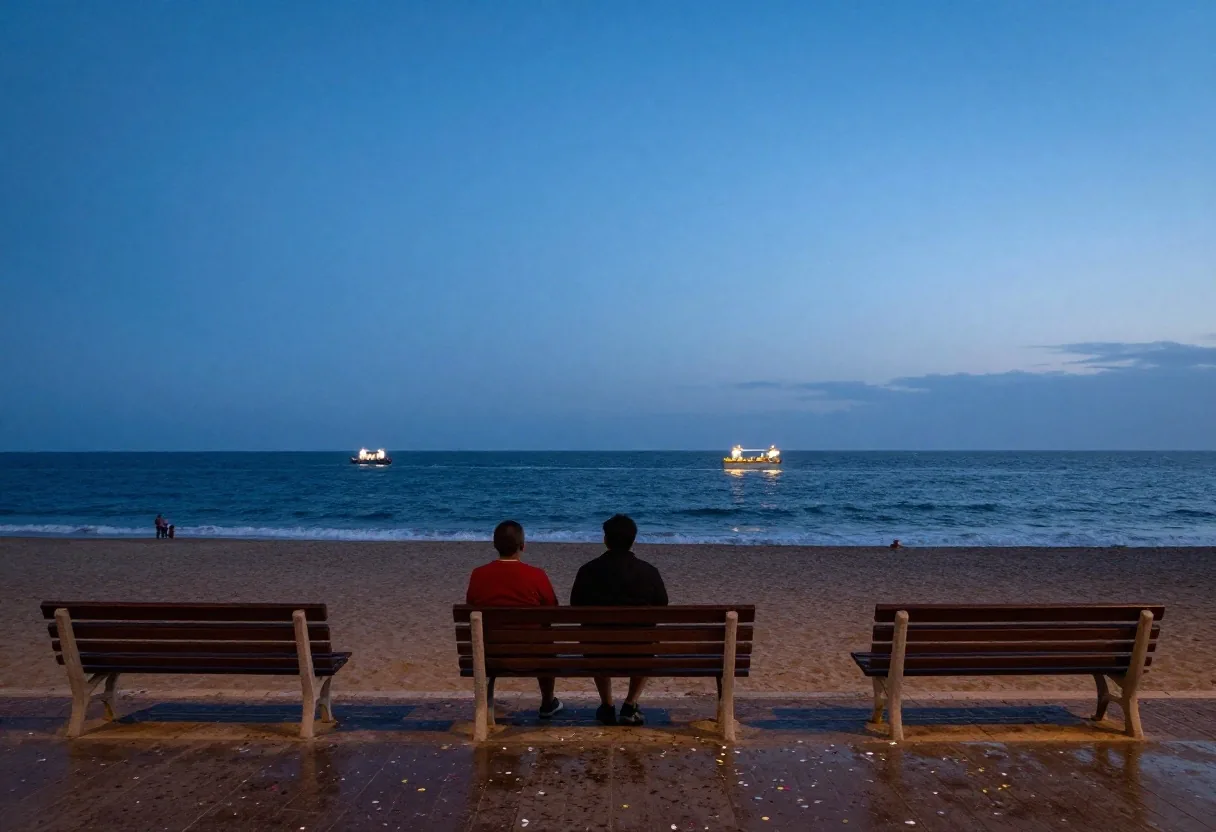 Carros alegóricos iluminados avanzando por el malecón al atardecer