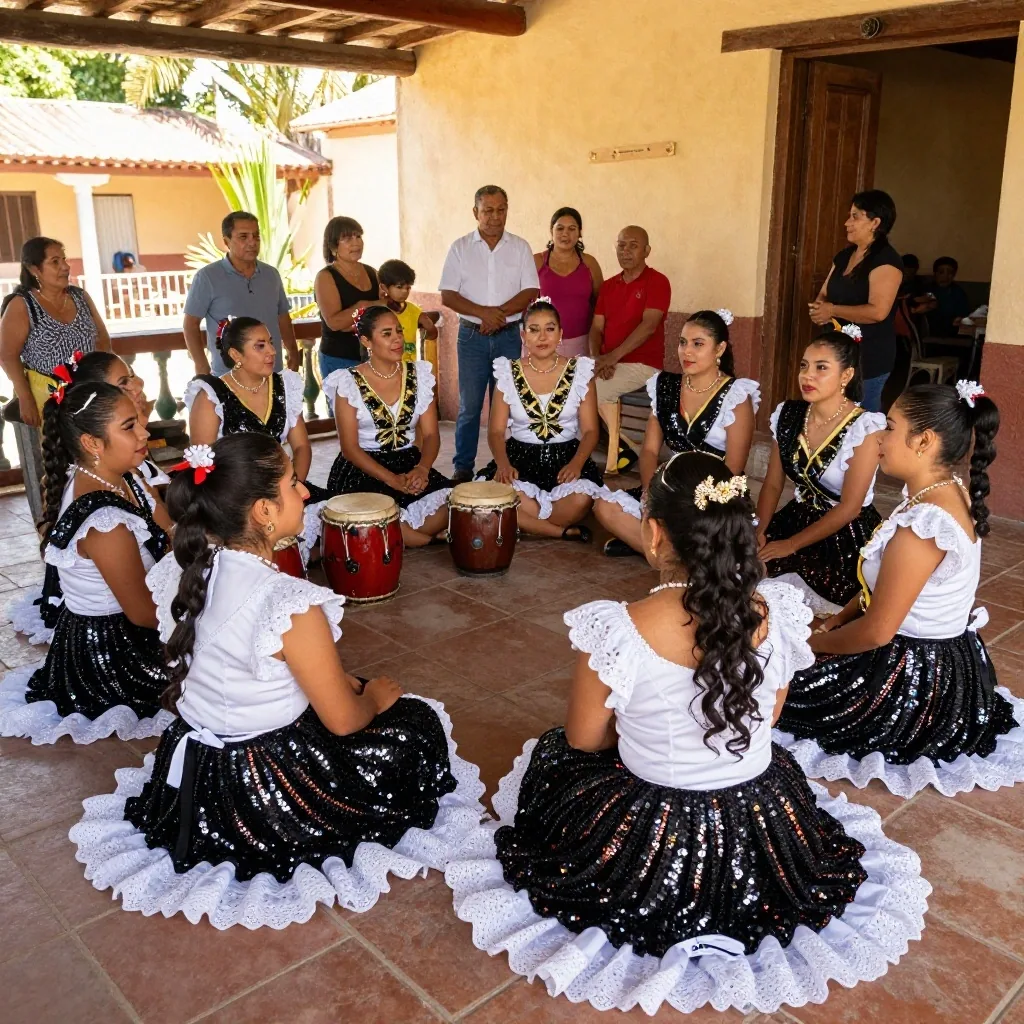 Comparsa barrial reunida en un patio antes del desfile