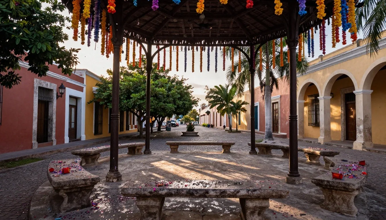 Desfile de Día de Muertos al atardecer con carro alegórico