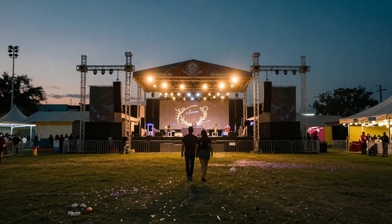 Escenario nocturno iluminado sobre la multitud del festival