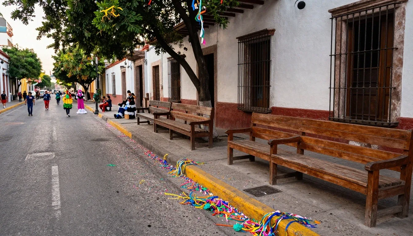 Comparsa avanzando por una avenida durante un carnaval de día