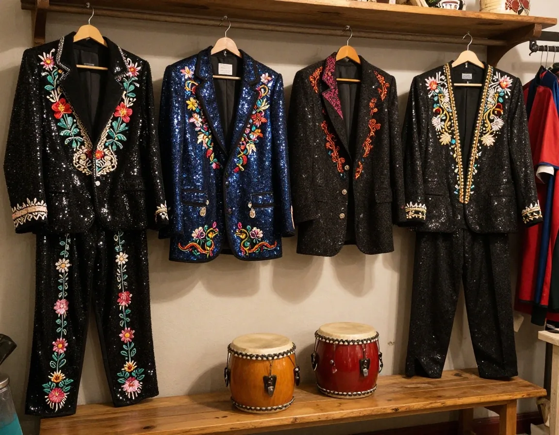 Detalle de bordado de traje de carnaval y tambores en un taller