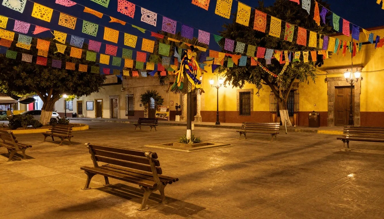 Avenida de festival en México con papel picado y público al atardecer