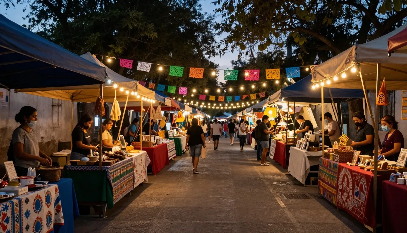 Escenario nocturno de festival en México con luces cálidas