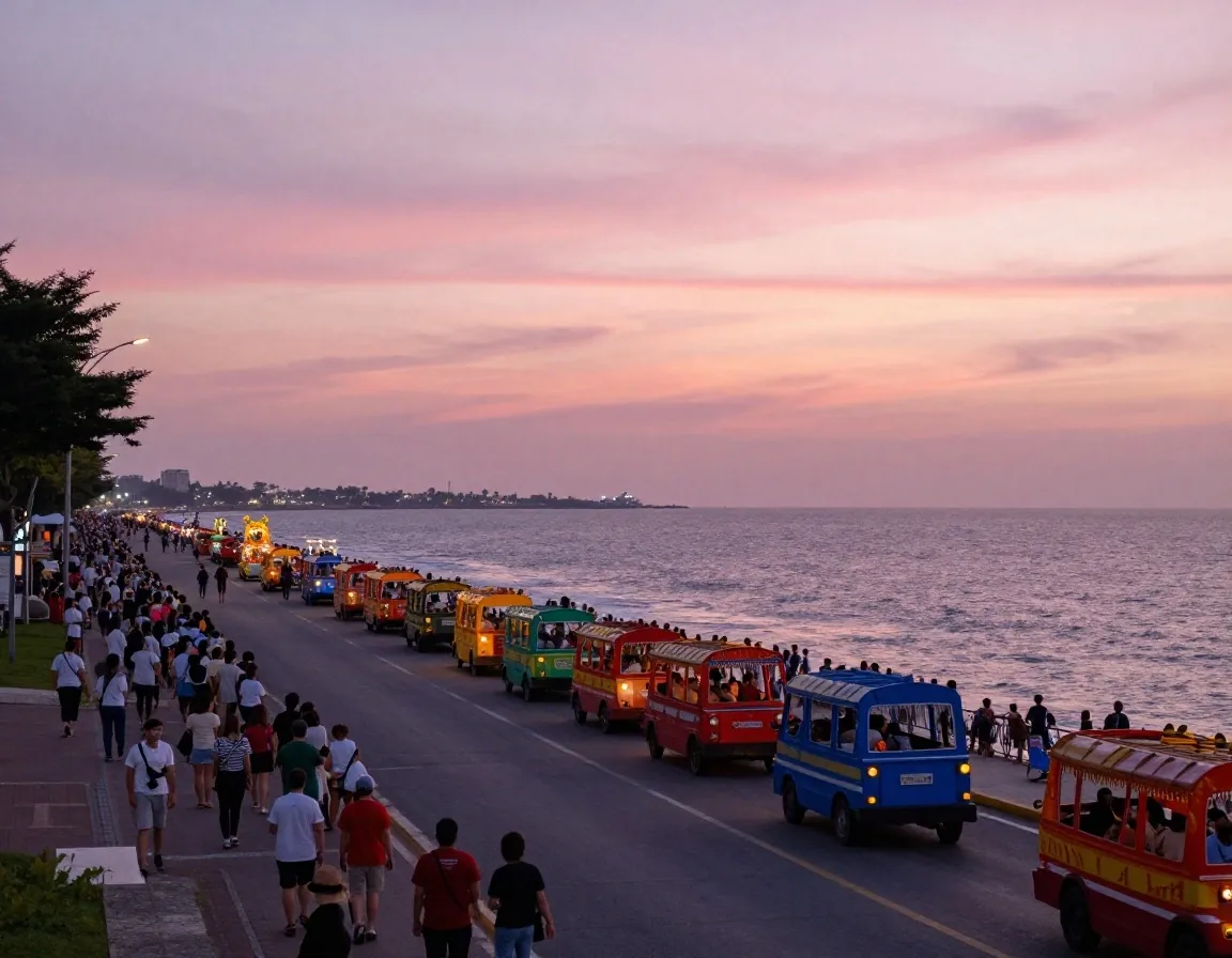Carros alegóricos avanzando por el malecón al atardecer