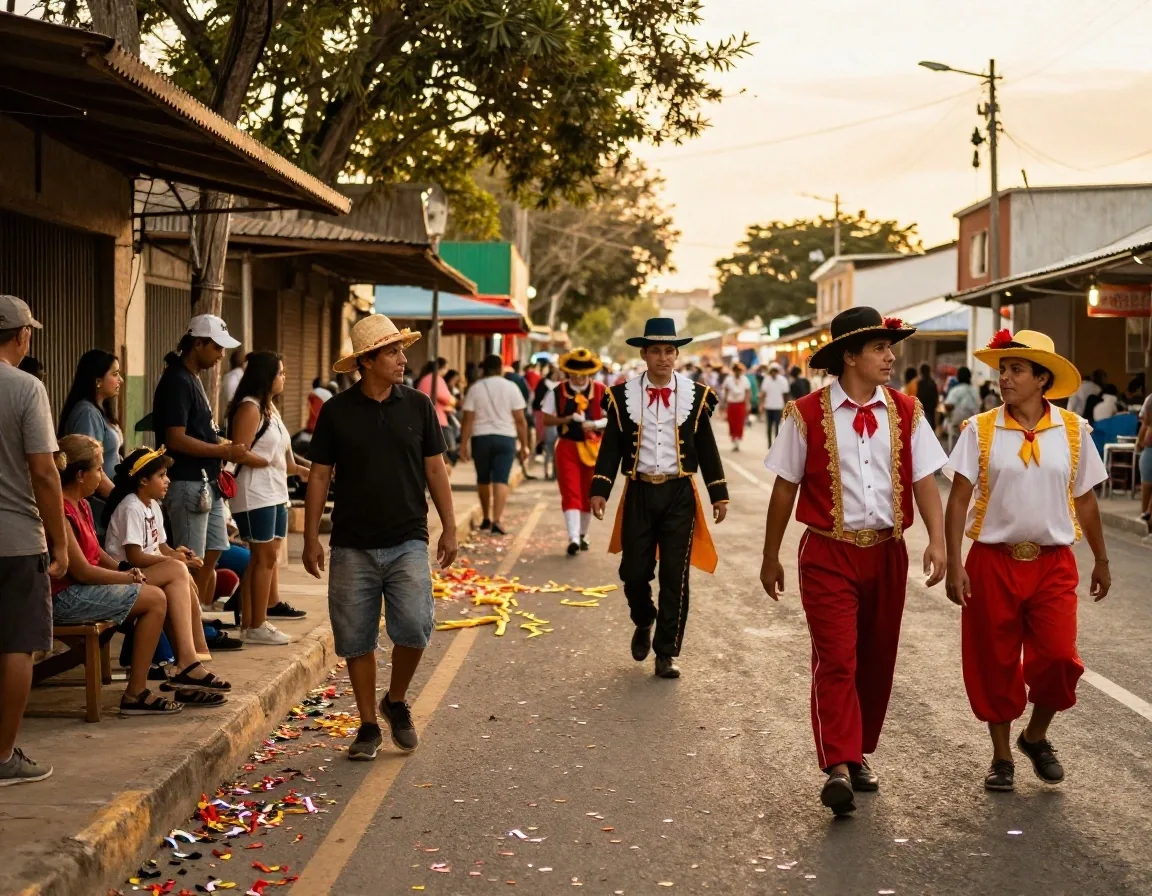 Comparsa de carnaval avanzando por una avenida durante el día