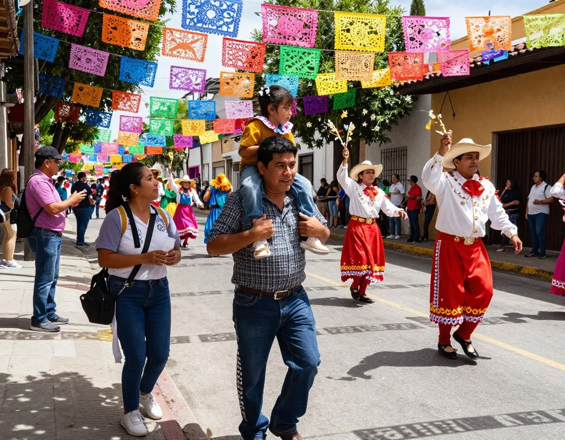 Familia viendo un desfile diurno de carnaval en la calle