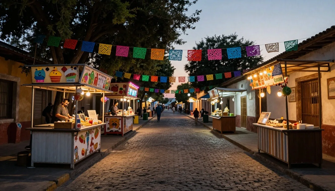 Recinto de festival en México al atardecer con polvo dorado