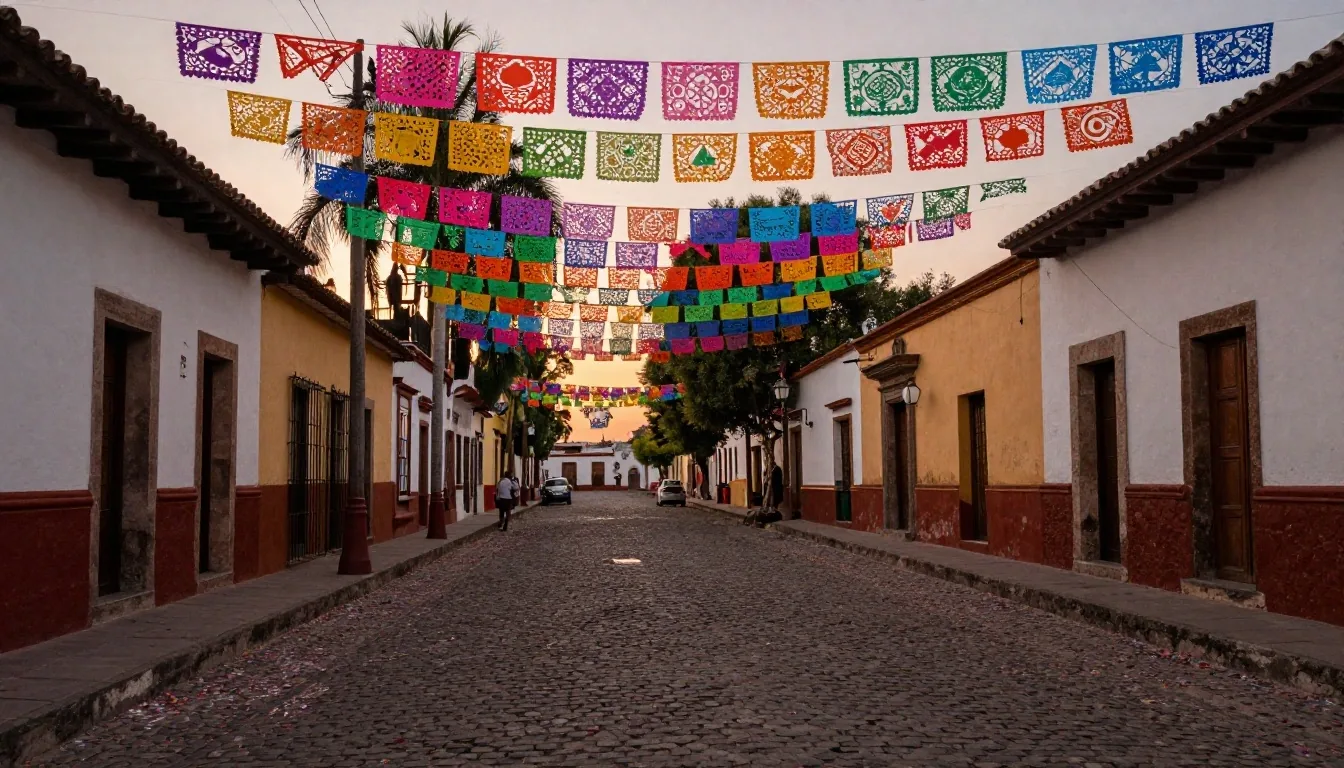 Calle festiva mexicana con papel picado bajo luz cálida
