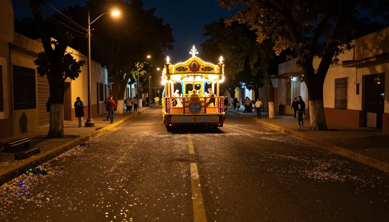 Desfile nocturno con carros alegóricos bajo luz cálida