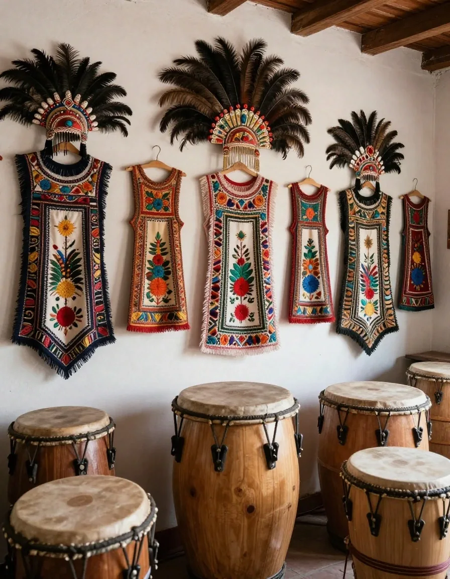Detalle de bordado de traje de carnaval y tambor en taller